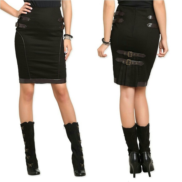 Spin Doctor Dresses & Skirts - Black Pencil Skirt Pleats & Steampunk Belt Detail